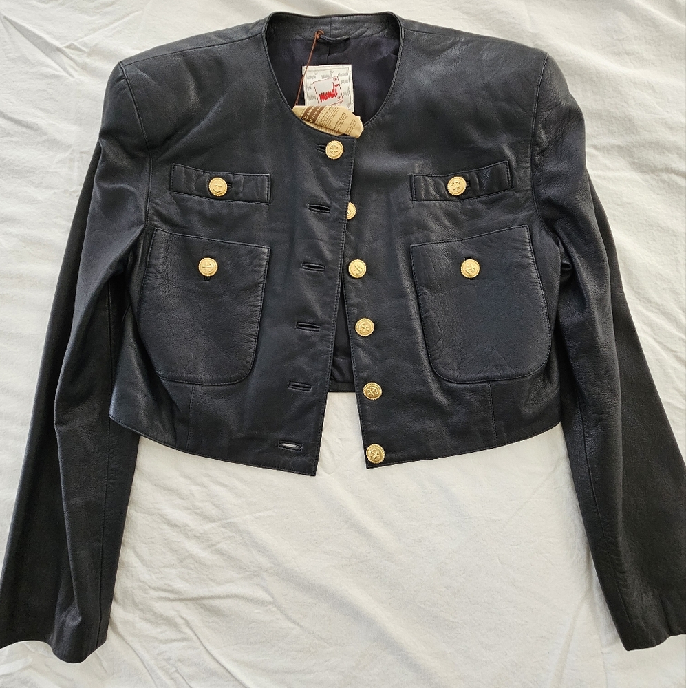 Navy Leather Jacket with Gold Buttons